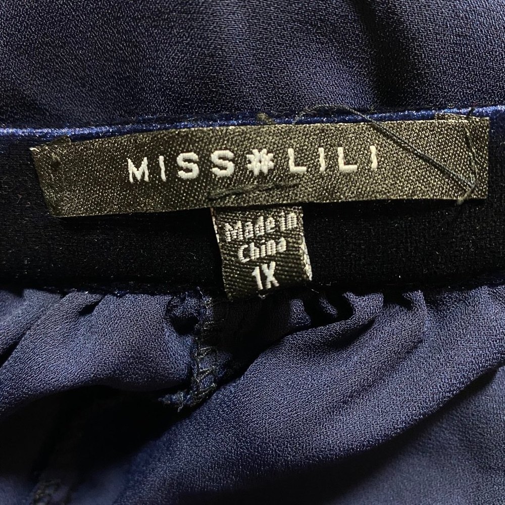 MISS LILI Embroidered Red Floral Velour  Sheer Blouse Size 1X Navy Blue - Picture 6 of 8